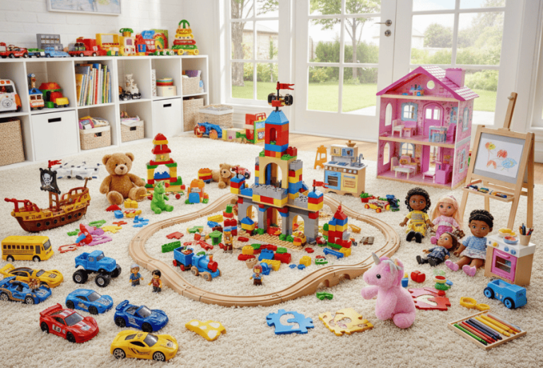 Grafika pokazująca zabawki dla chłopczyków i dziewczynek