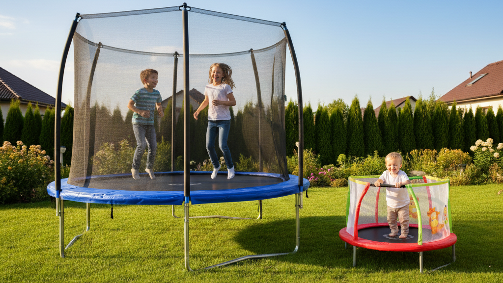 Obraz pokazujący pełnowymiarową trampolinę do ogrodu i trampolinę dla małych dzieci