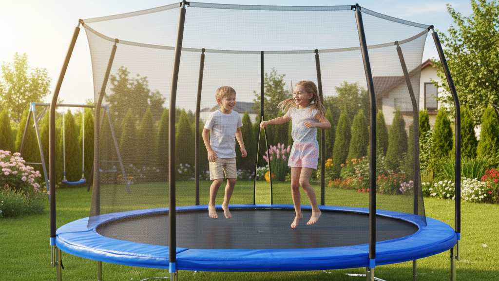 Obraz pokazujący dzieci skaczące po trampolinie