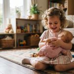 Na obrazie widać dwuletnią dziewczynkę, która z uśmiechem i czułością przytula do siebie lalkę